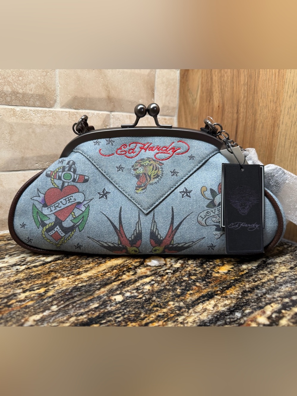 Ed Hardy Light Blue Denim Clutch